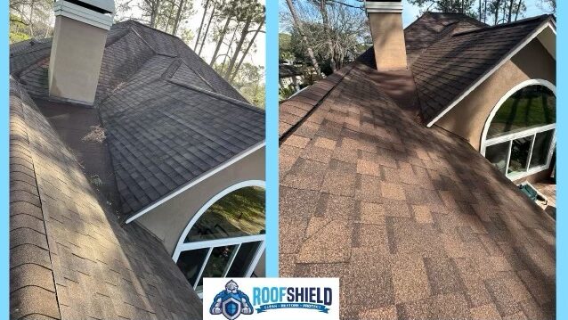 Before and after image of the Roof Shield roof rejuvenation process.