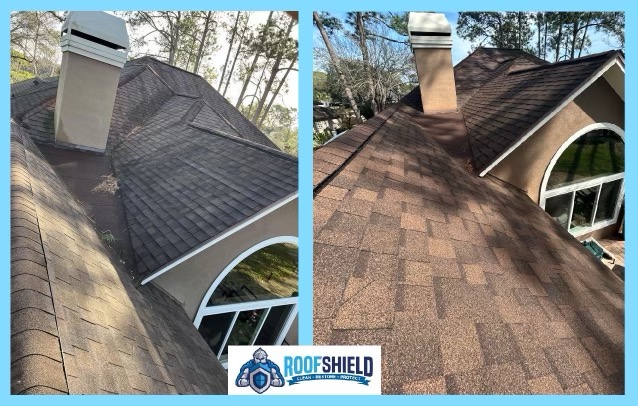 Before and after image of the Roof Shield roof rejuvenation process.