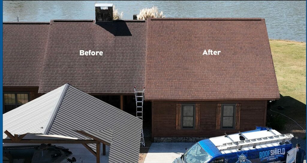 Before and after of Roof Shield treatment to restore the curb appeal of an aging roof.
