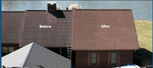 Before and after of Roof Shield treatment to restore the curb appeal of an aging roof.