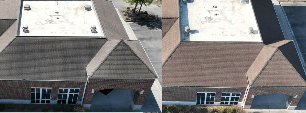 Before and after of the Roof Shield process. From dirty and brittle to cleaned and restored. Adding years of life to the roof.