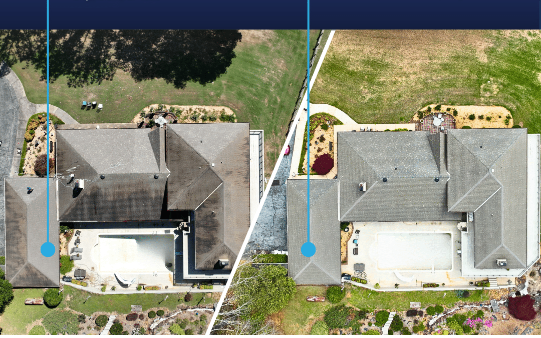 Roof Shield asphalt shingle rejuvenation before and after image.