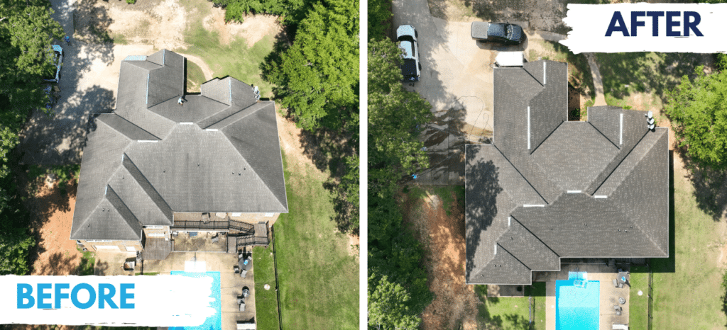 Before and after of a Roof Shield treated roof.
